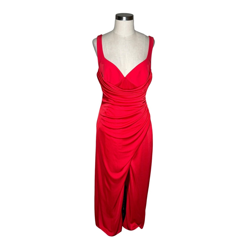 ML MONIQUE LHUILLIER Mae Ruched Midi Dress Red Draped Gown Women's 12 Formal